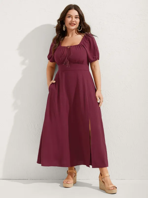 Puff Sleeve Shirred Slit Midi Dress sold by Bloomchic
