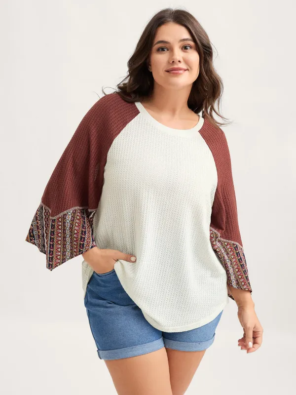 Raglan Sleeve Patchwork Waffle T-Shirt sold by Bloomchic