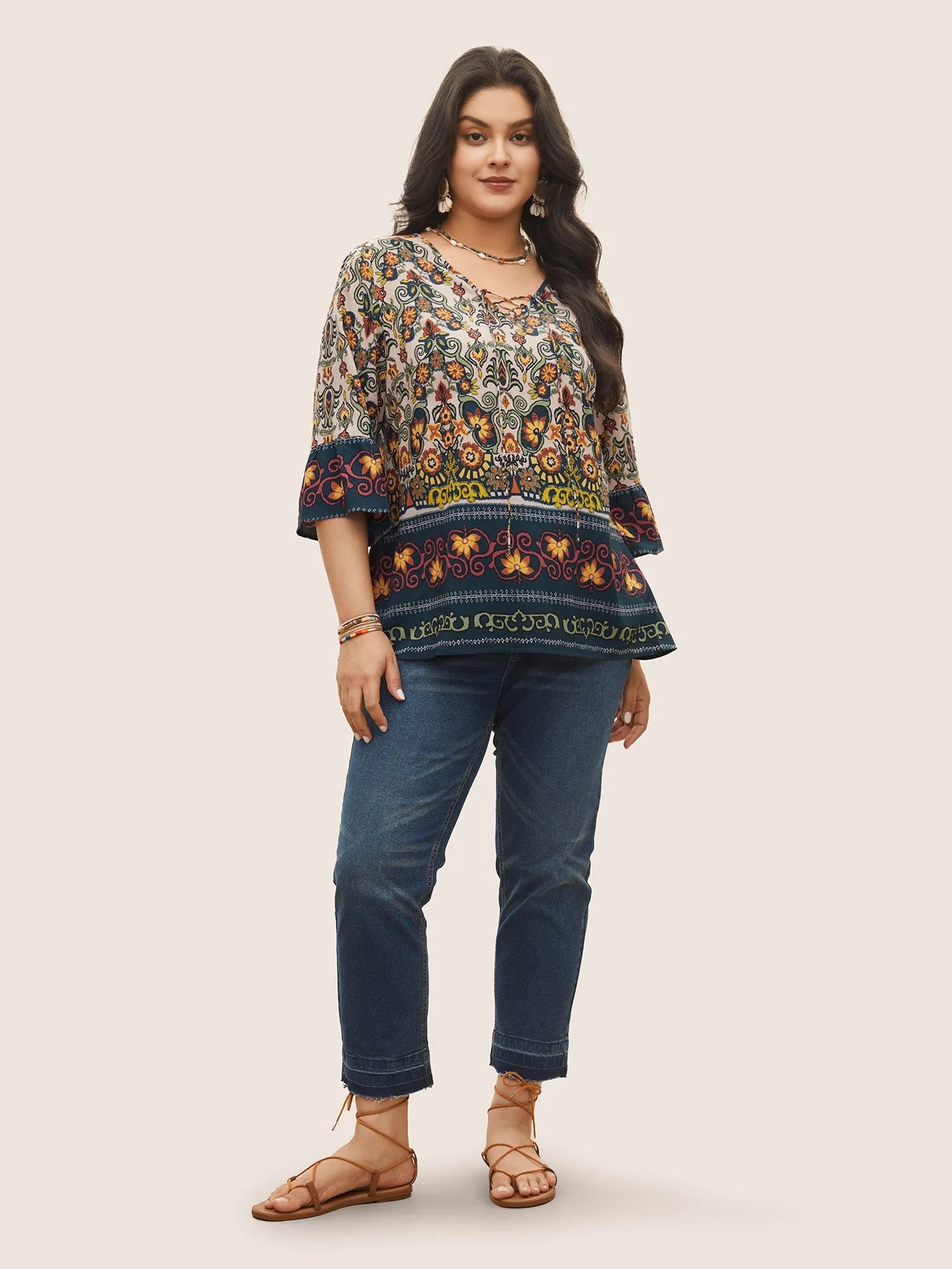 Boho Print Lace Up Bell Sleeve Blouse sold by Bloomchic product image thumbnail 2