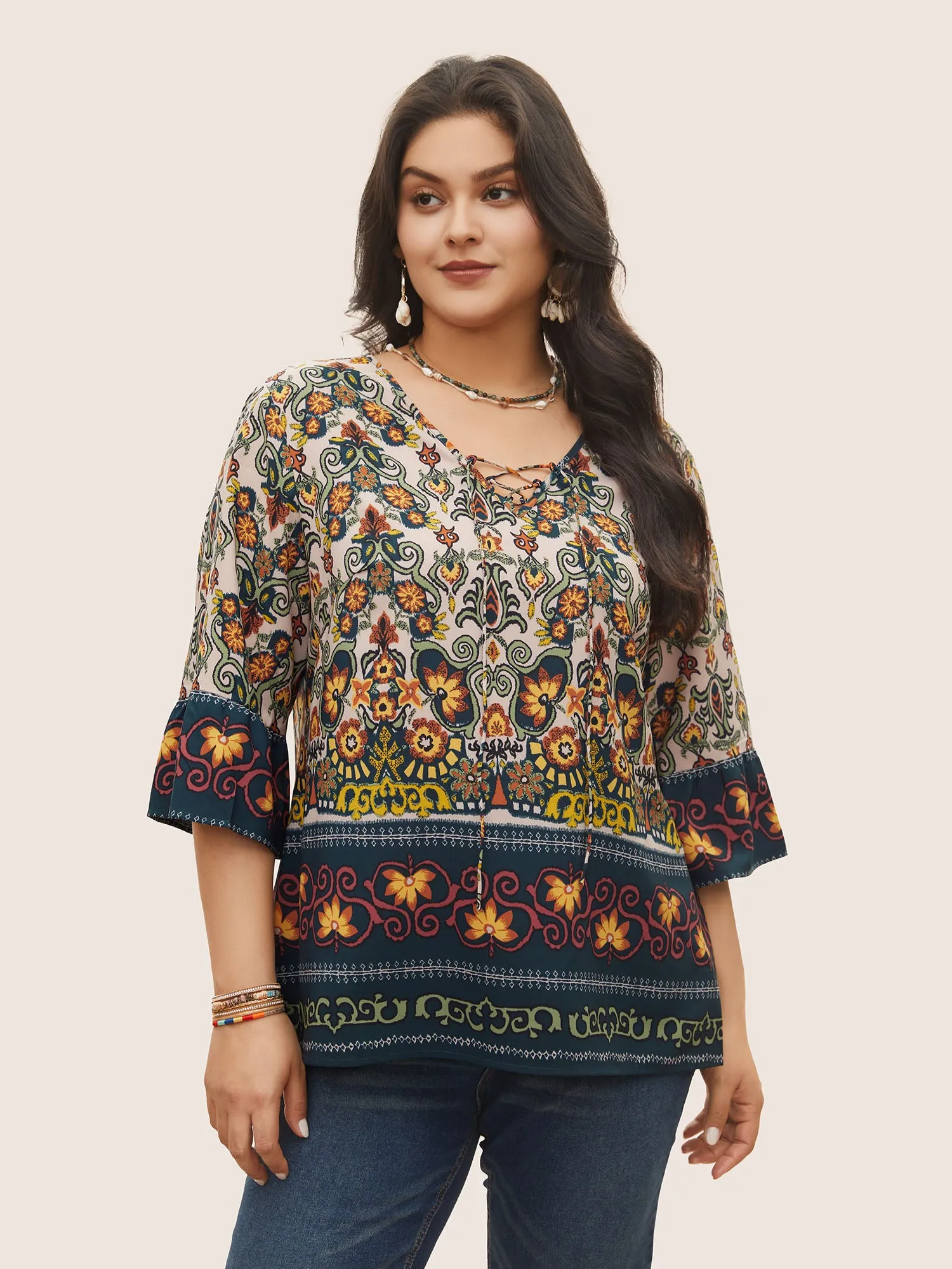 Boho Print Lace Up Bell Sleeve Blouse sold by Bloomchic
