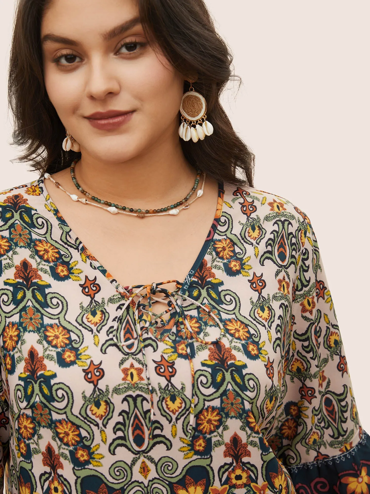 Boho Print Lace Up Bell Sleeve Blouse sold by Bloomchic product image thumbnail 3