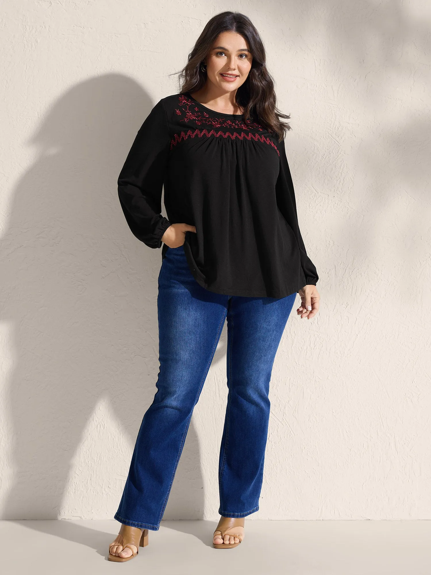 Floral Embroidery Neckline Shirred Knit Top sold by Bloomchic product image thumbnail 3