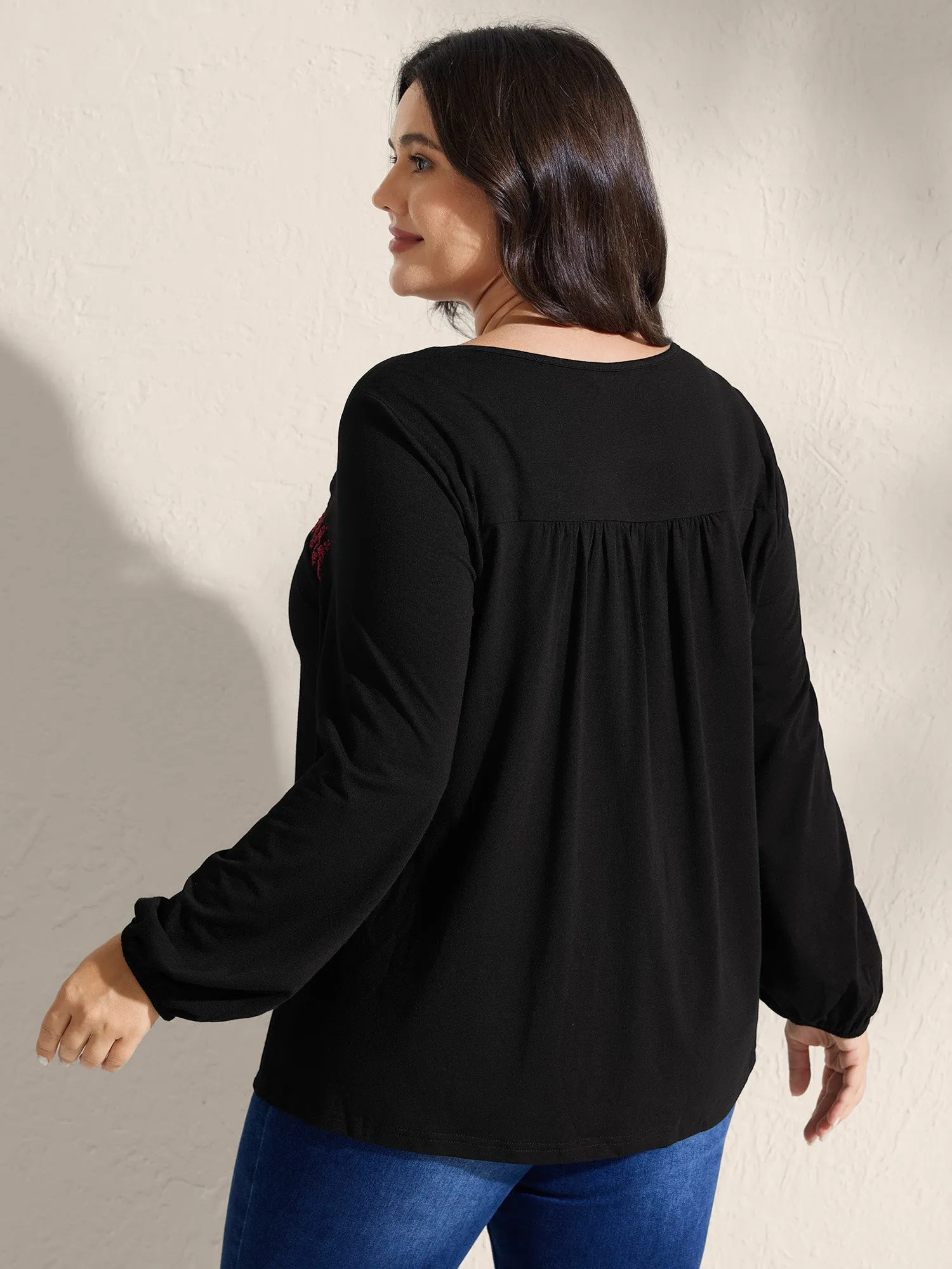 Floral Embroidery Neckline Shirred Knit Top sold by Bloomchic product image thumbnail 4