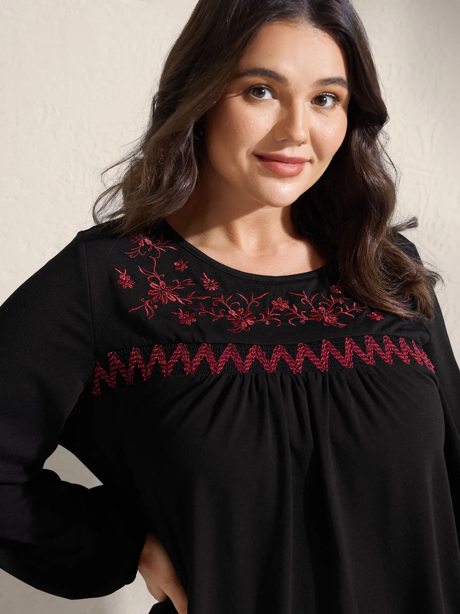 Floral Embroidery Neckline Shirred Knit Top sold by Bloomchic product image thumbnail 2