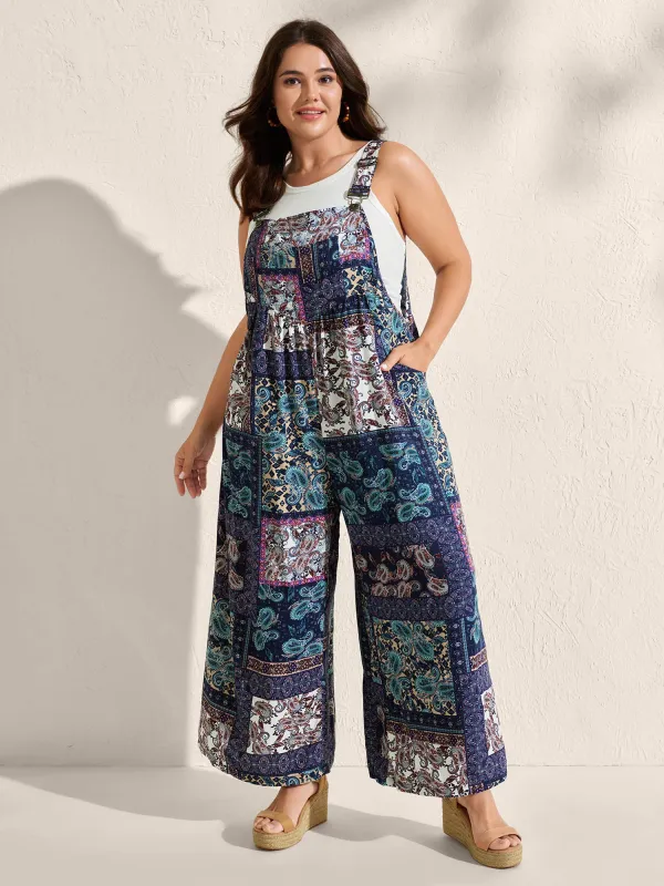 Boho Collage Patchwork Front Pockets Jumpsuit sold by Bloomchic