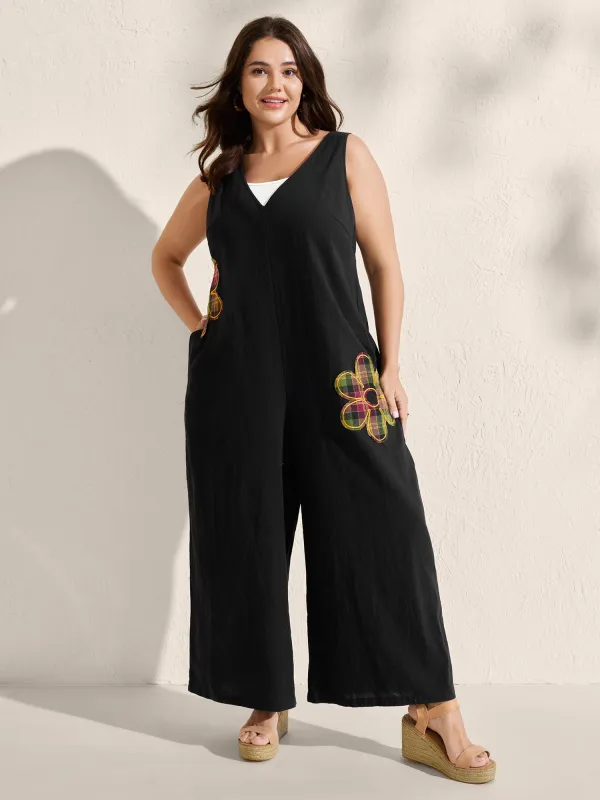 Pure Cotton Floral Embroidery Patchwork Jumpsuit made by Bloomchic