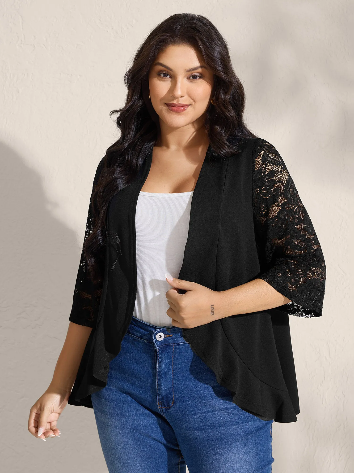 Sheer Lace Stretchy Arc Hem Jacket sold by Bloomchic