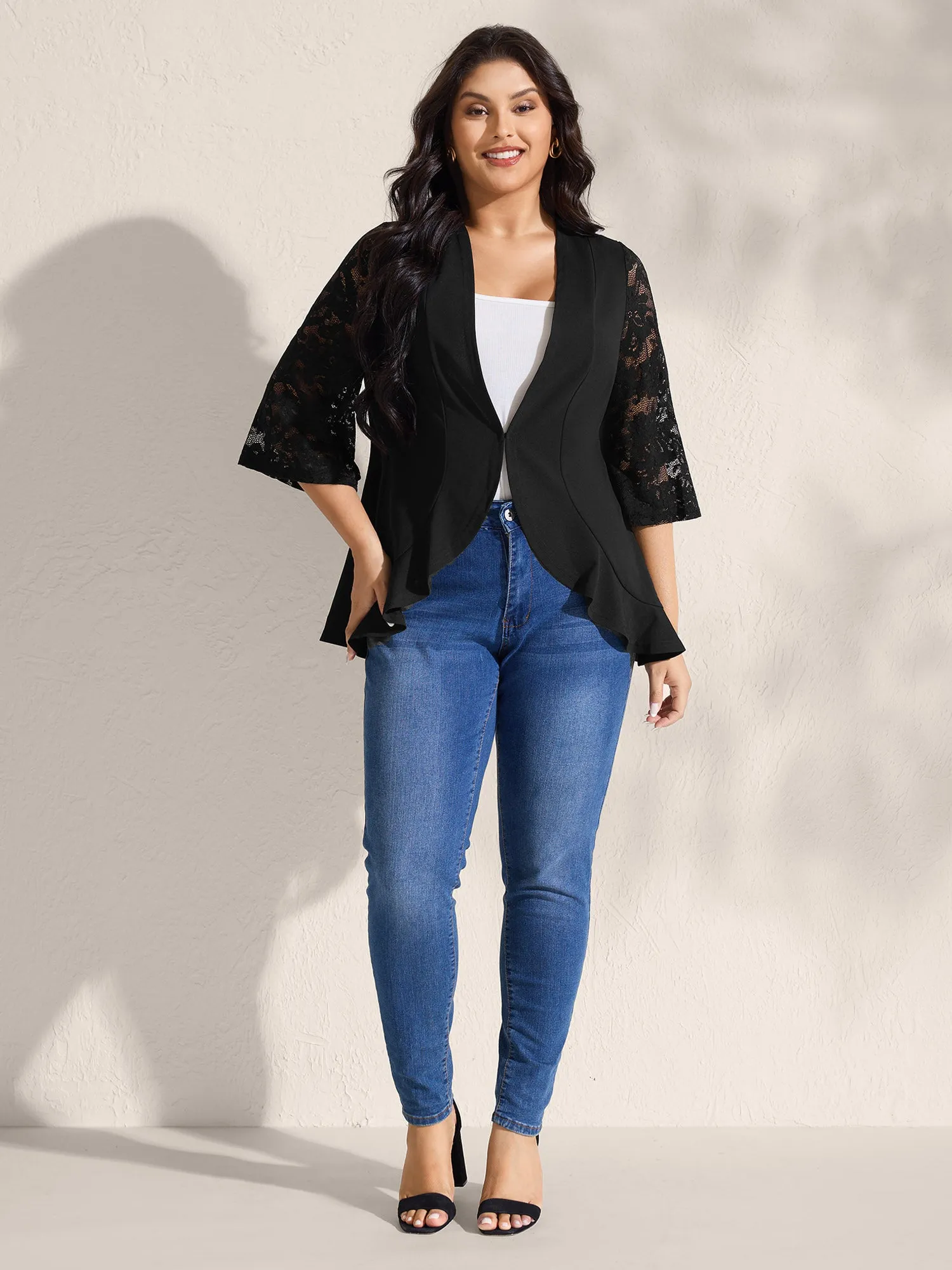 Sheer Lace Stretchy Arc Hem Jacket sold by Bloomchic product image thumbnail 3