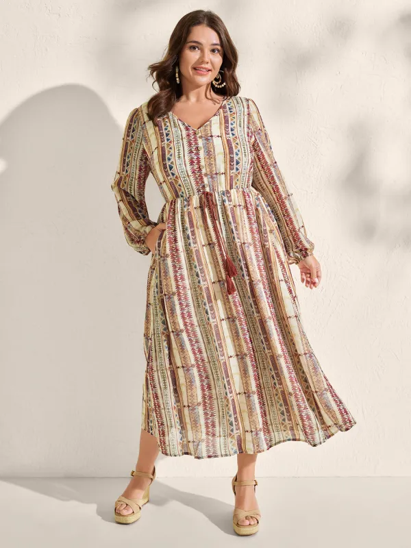 Geometric Stripes Stretchy Waist-Tie Maxi Dress sold by Bloomchic