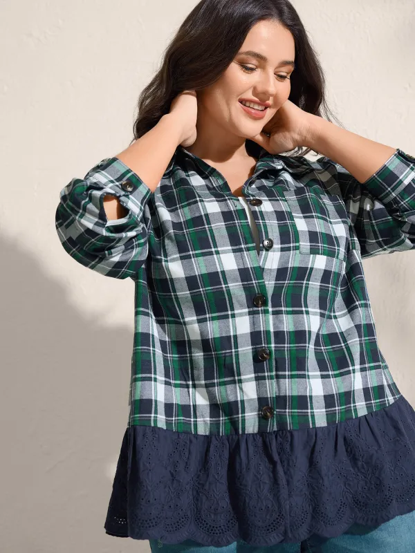 Cotton Embroidery Plaid Spliced Blouse sold by Bloomchic