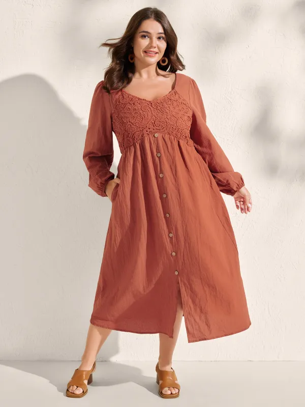 Cotton Lace Bodice Puffy Sleeve Button Midi Dress sold by Bloomchic