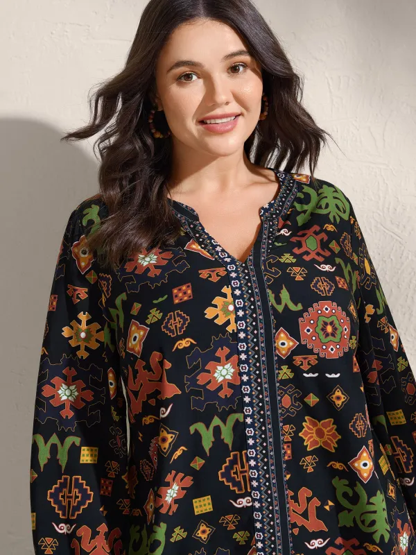 Boho Geometric Pattern Split Neck Blouse sold by Bloomchic
