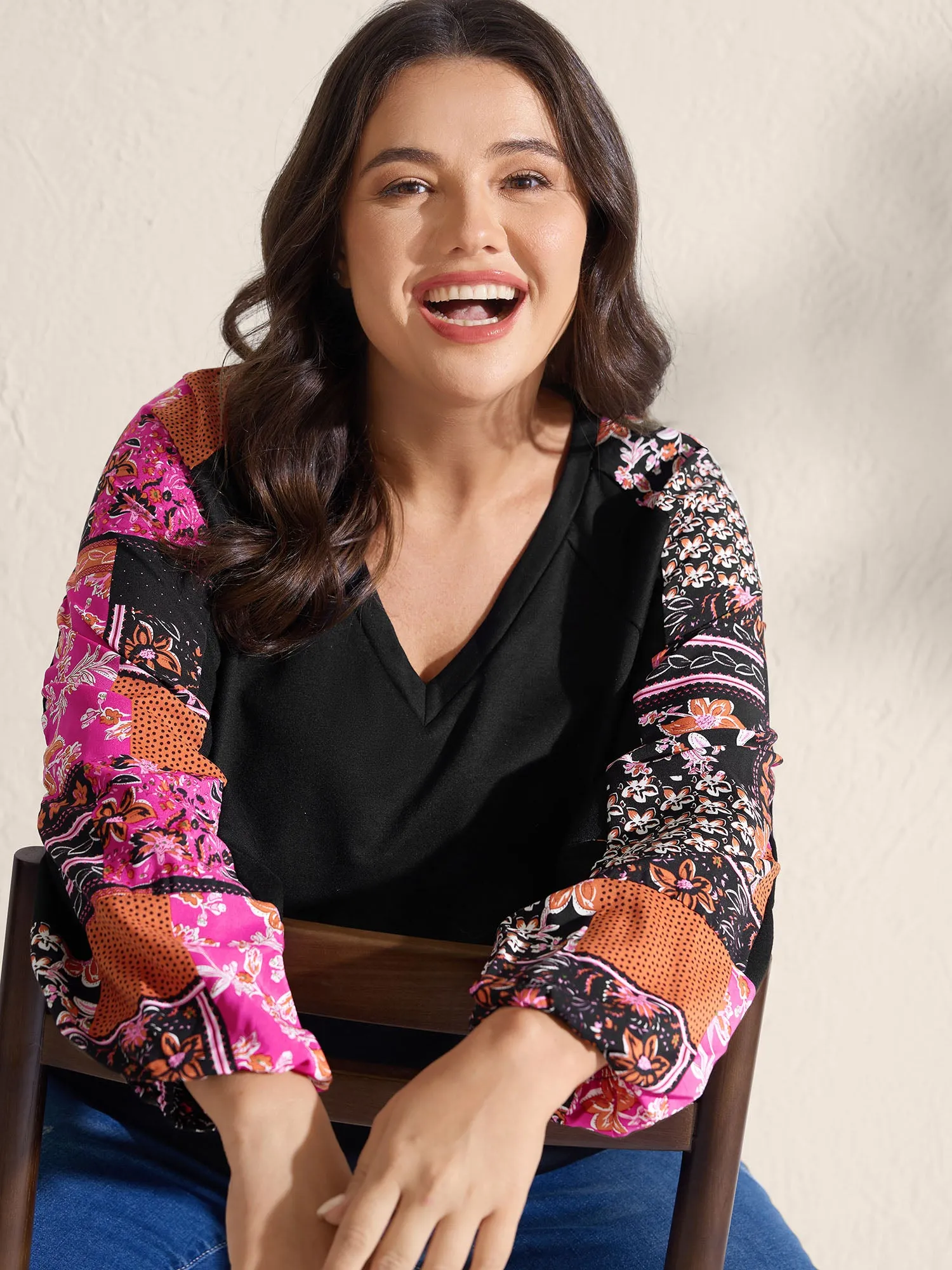 Floral Patchwork Sleeve Solid Sweatshirt sold by Bloomchic