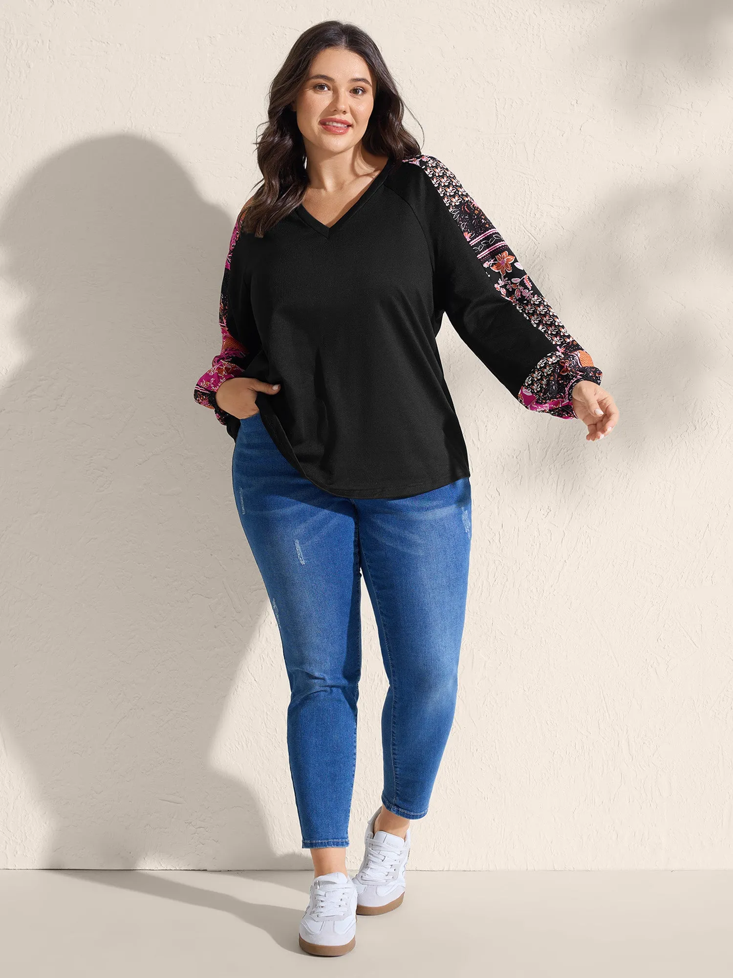 Floral Patchwork Sleeve Solid Sweatshirt sold by Bloomchic product image thumbnail 3