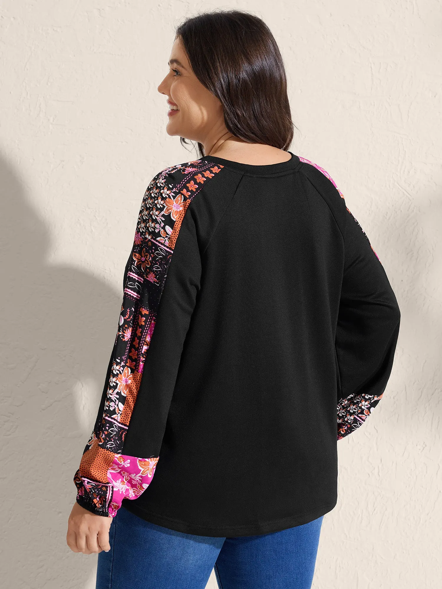 Floral Patchwork Sleeve Solid Sweatshirt sold by Bloomchic product image thumbnail 4