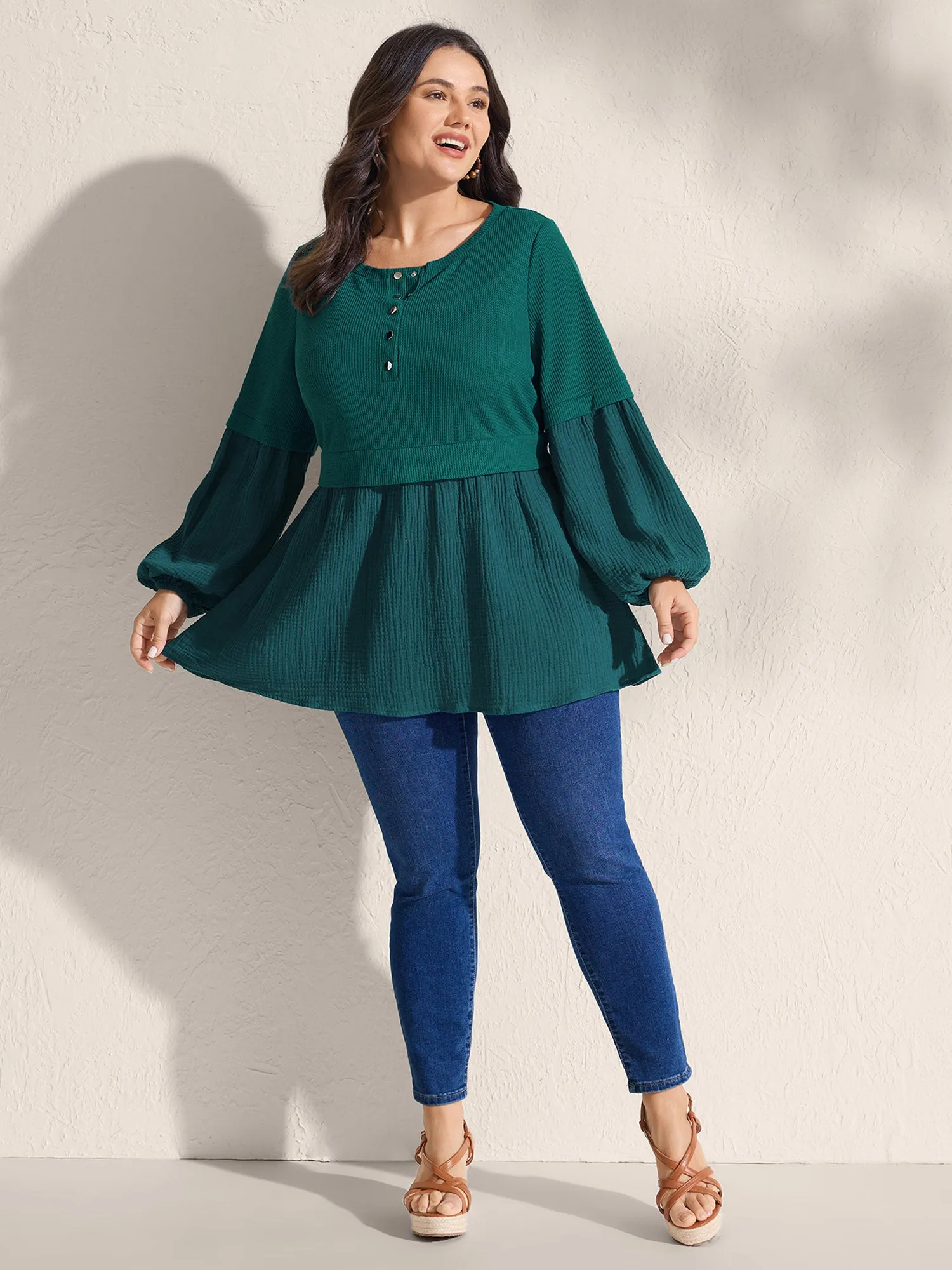 Waffle Grid Button Detail Spliced Sweatshirt sold by Bloomchic product image thumbnail 3