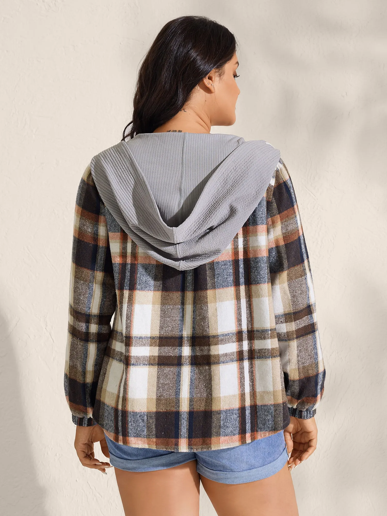 Plaid Print Textured Hooded Jacket sold by Bloomchic product image thumbnail 4