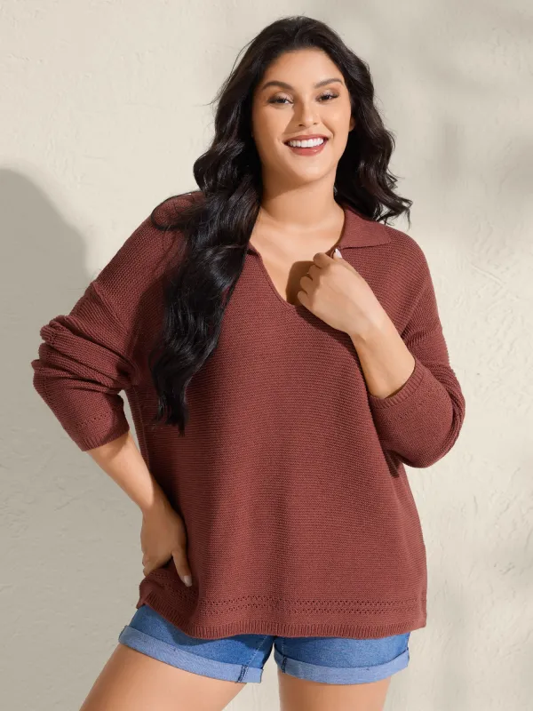 Polo Collar Textured Solid Pullover sold by Bloomchic