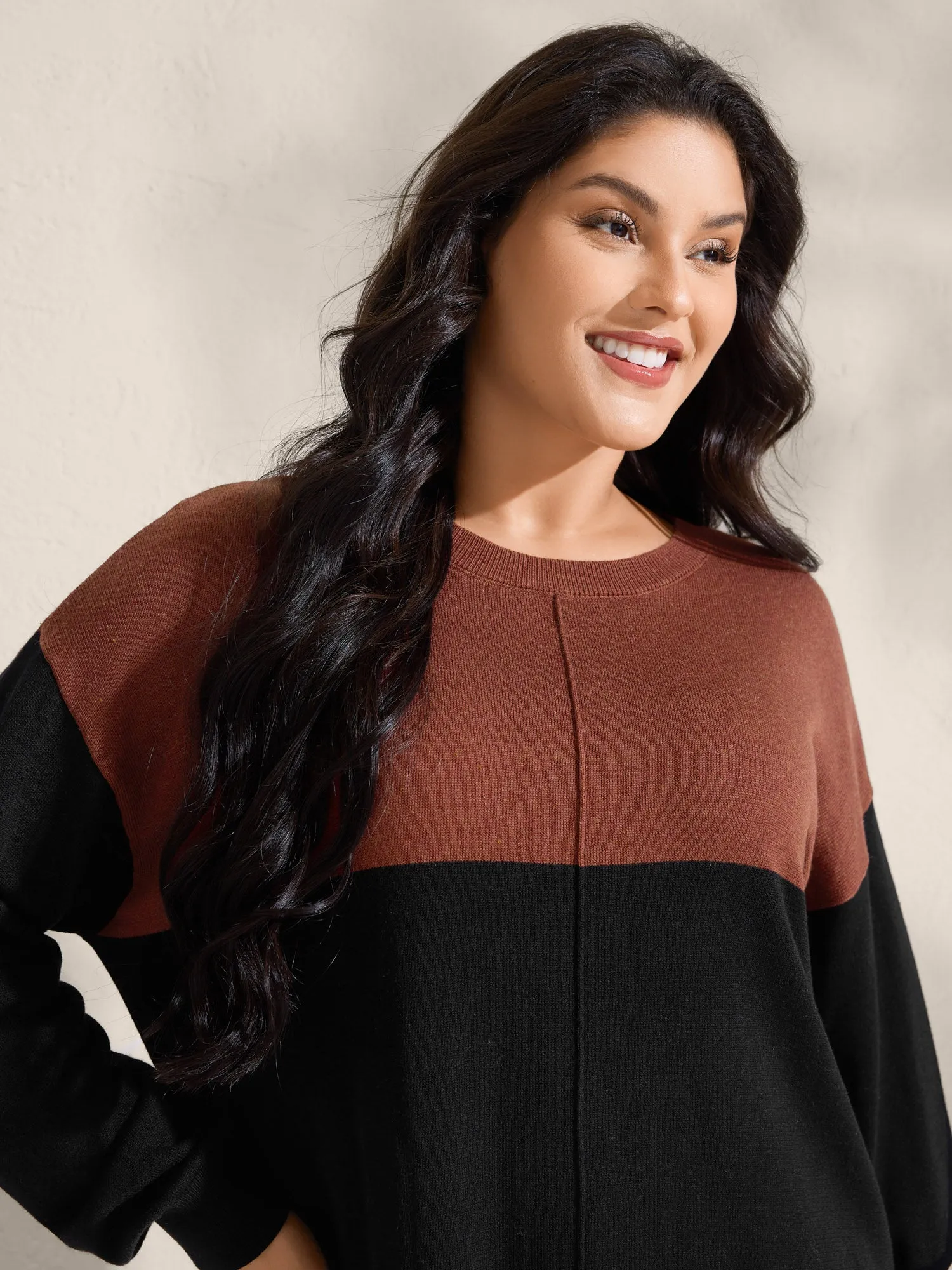 Supersoft Color Block Drop Shoulders Curvy Hem Pullover sold by Bloomchic