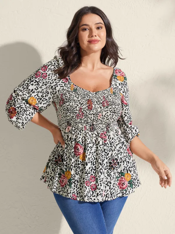 Leopard Floral Print Shirred Blouse sold by Bloomchic