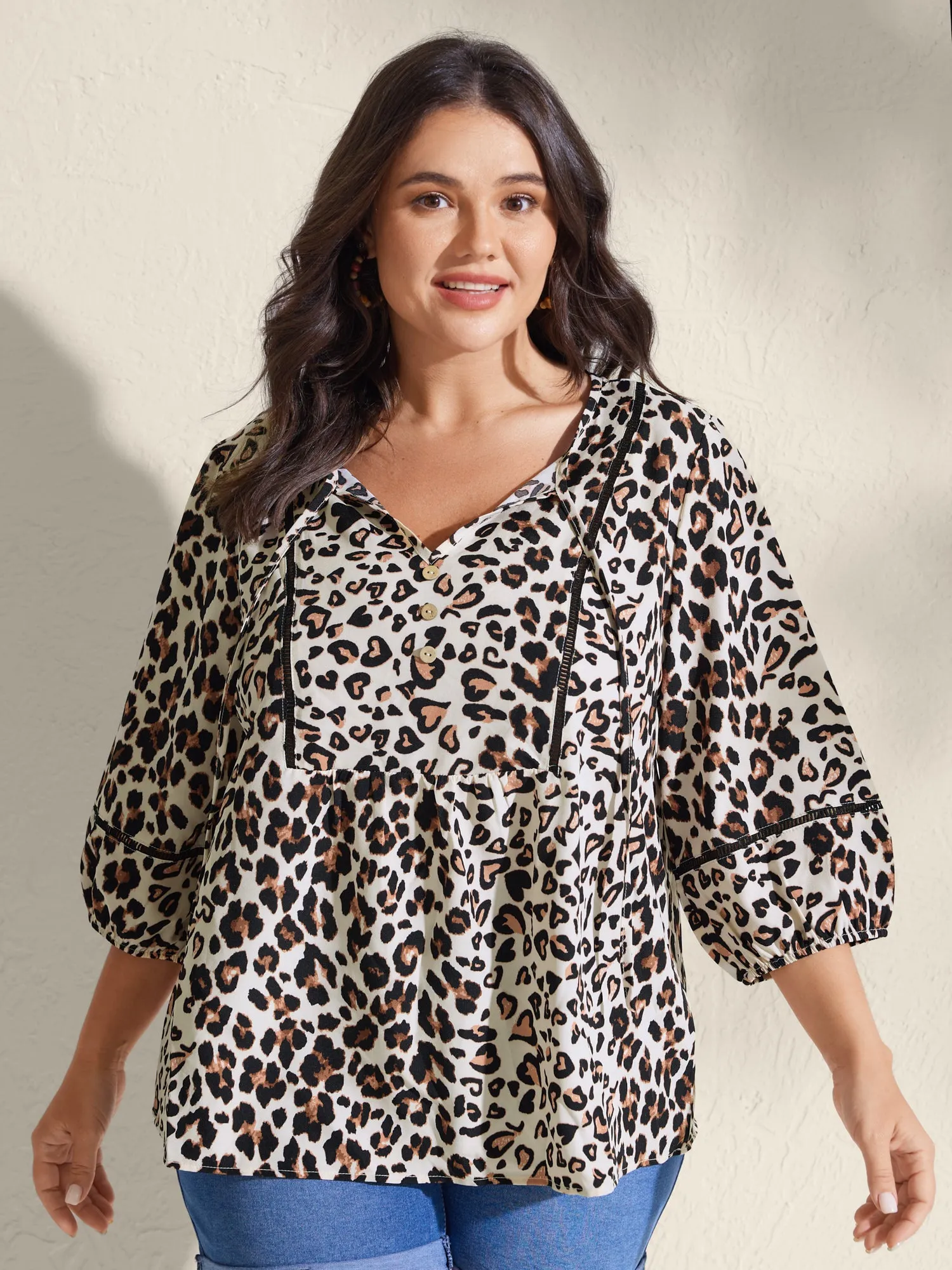 Leopard Print Lace Trim Buttons Blouse sold by Bloomchic
