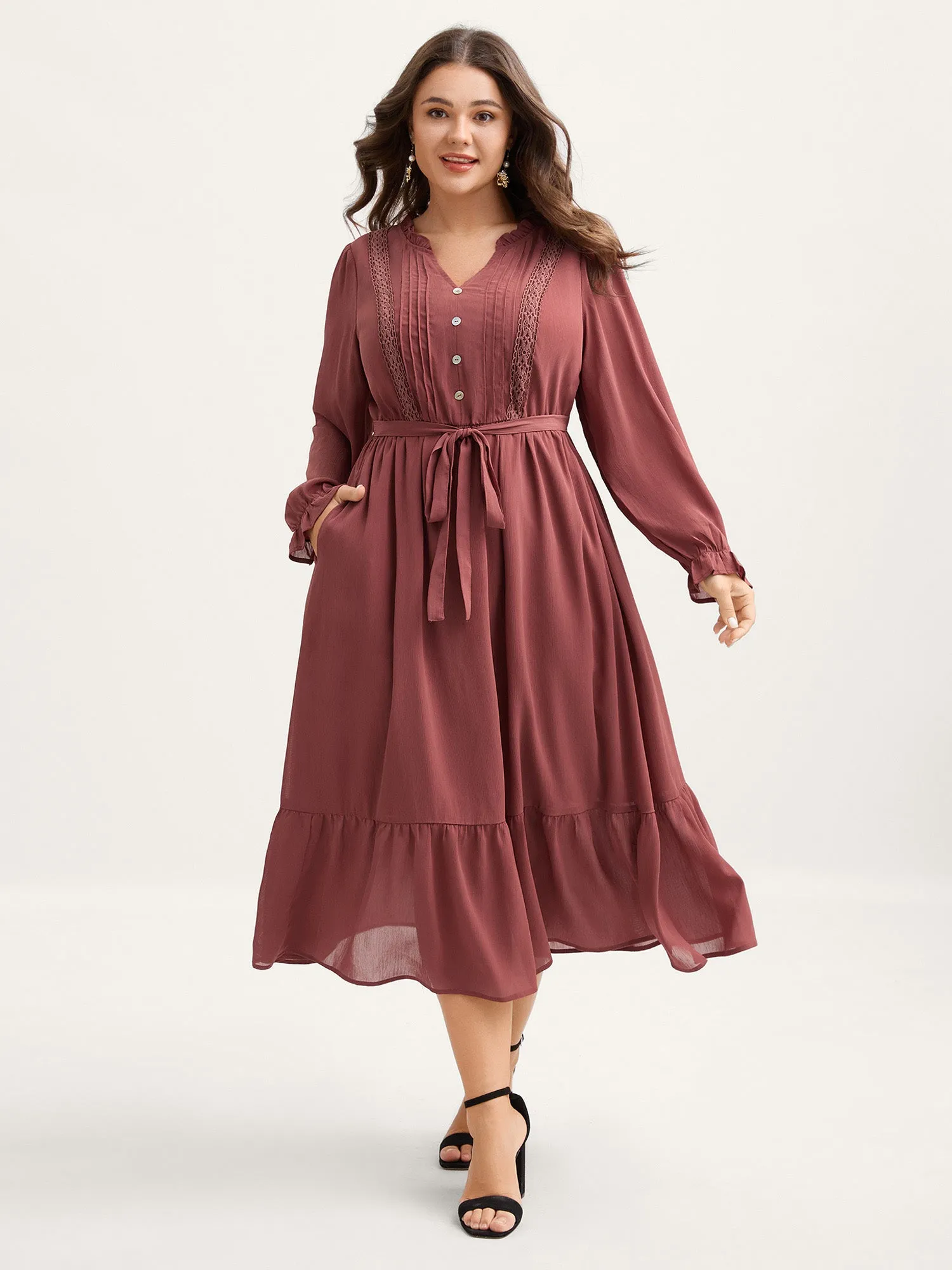 Pintuck Pleats Lace Trim Waist-Tie Maxi Dress sold by Bloomchic product image thumbnail 2