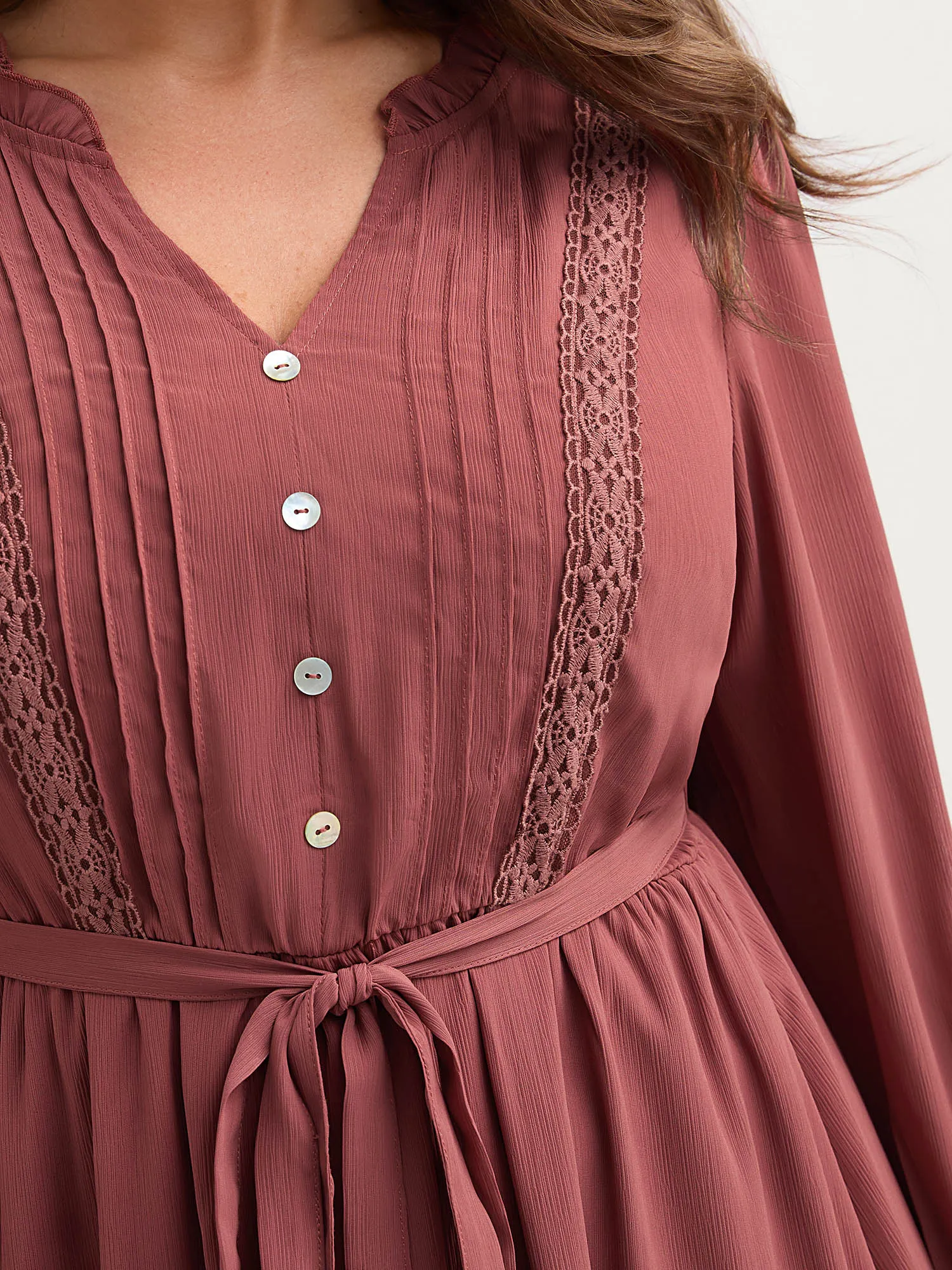 Pintuck Pleats Lace Trim Waist-Tie Maxi Dress sold by Bloomchic product image thumbnail 3