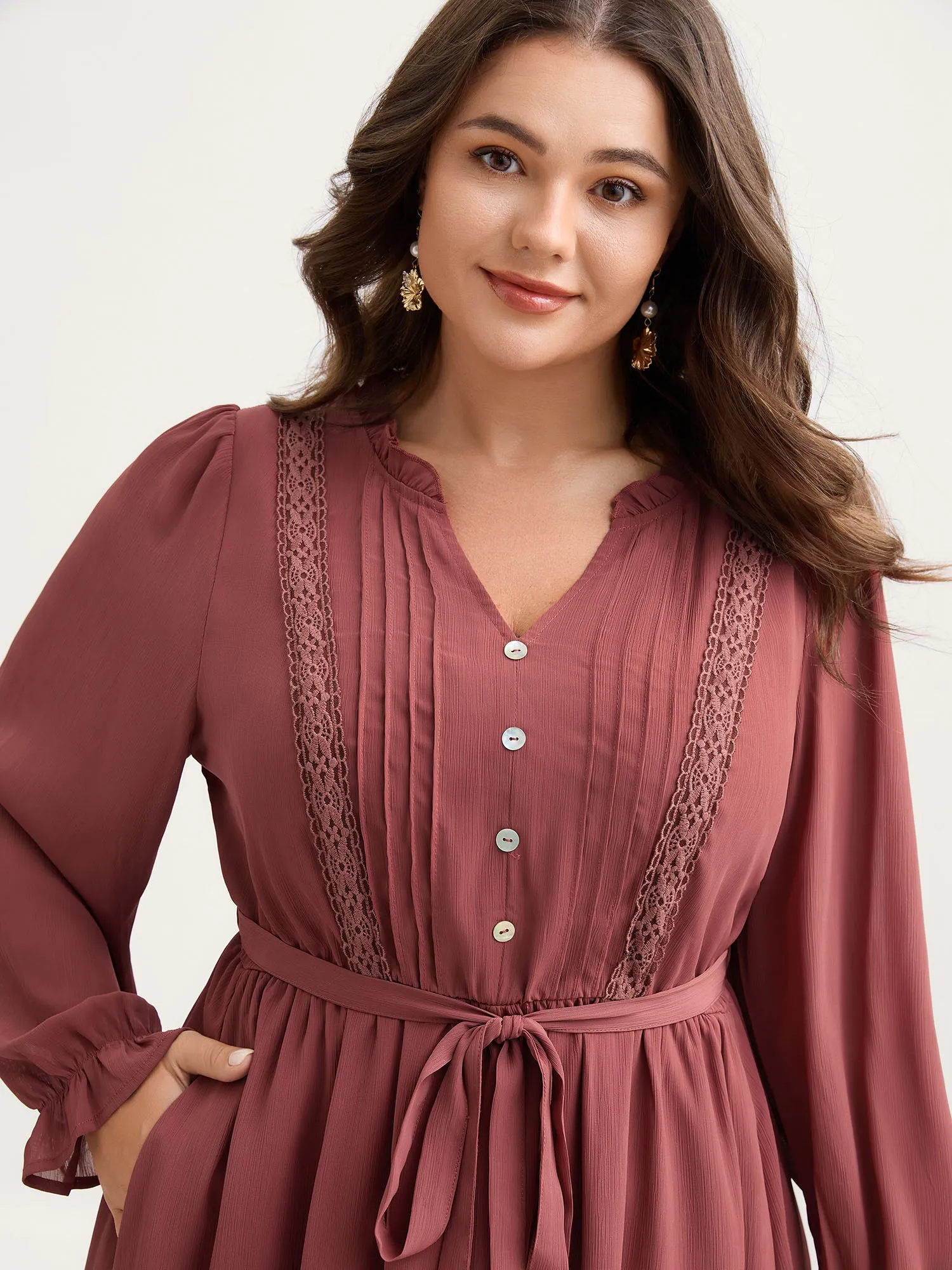 Pintuck Pleats Lace Trim Waist-Tie Maxi Dress sold by Bloomchic