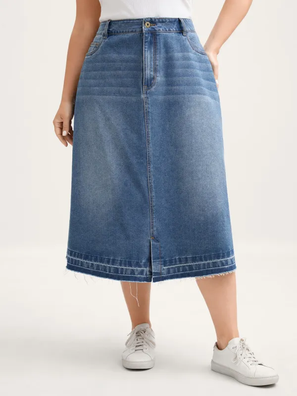 Faded Wash Slit Hem Denim Skirt sold by Bloomchic