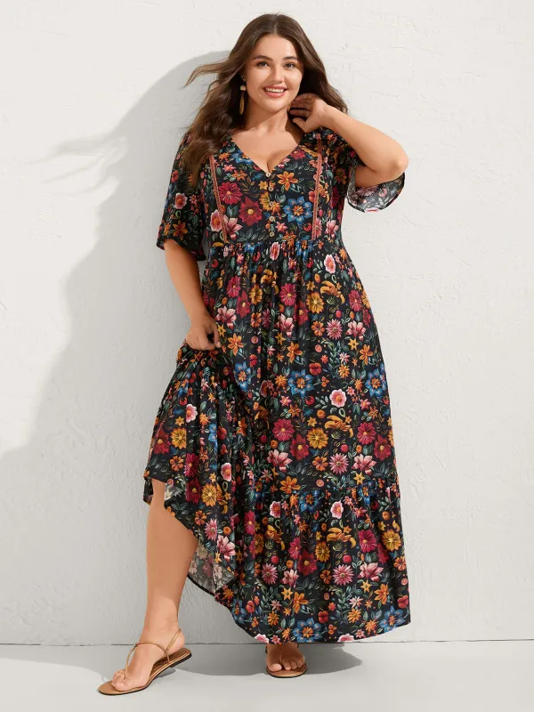 Rayon Floral Lace Trim Button Maxi Dress sold by Bloomchic