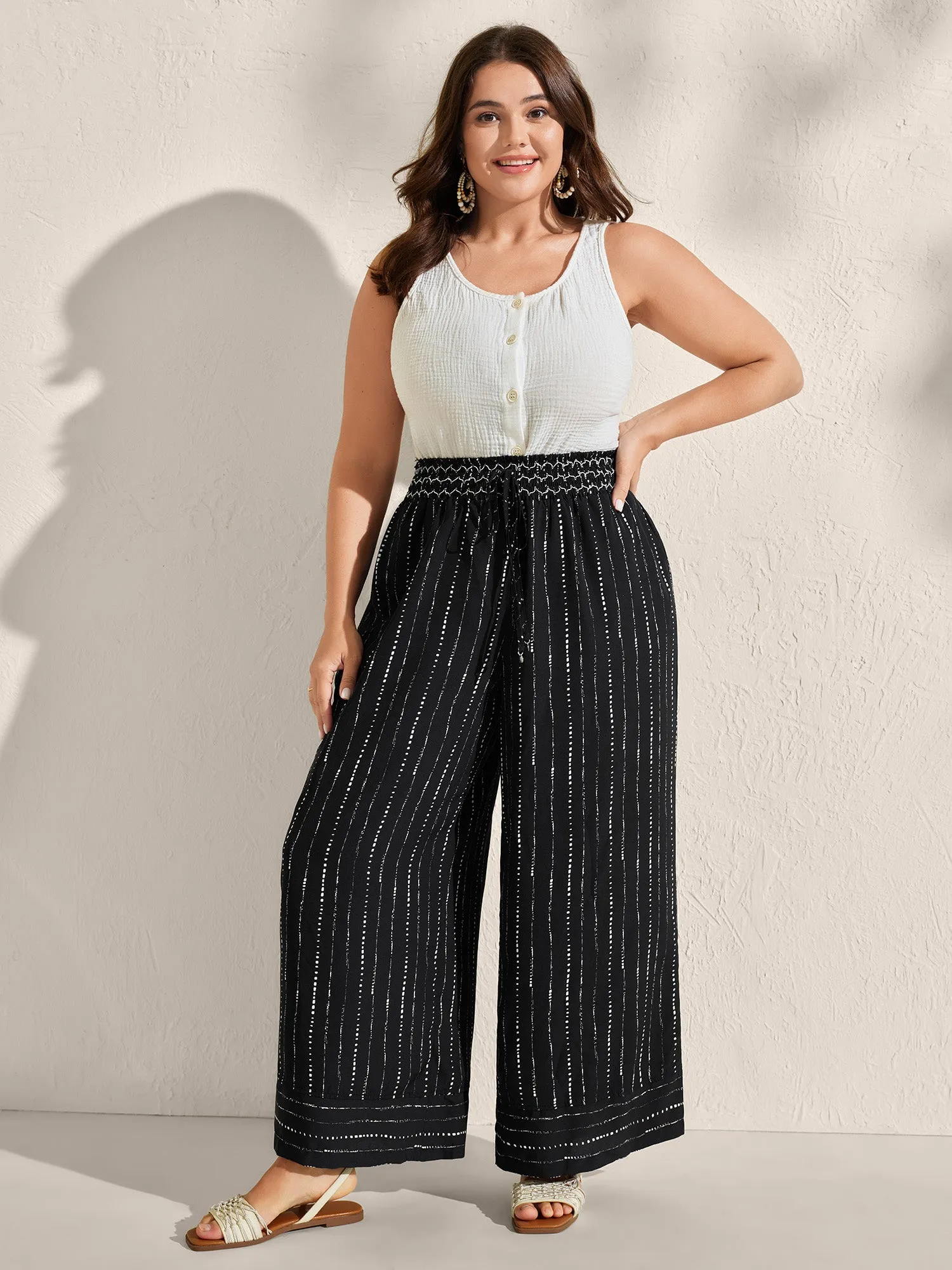 Striped Print Shirred Waist Wide-Leg Pants sold by Bloomchic product image thumbnail 2