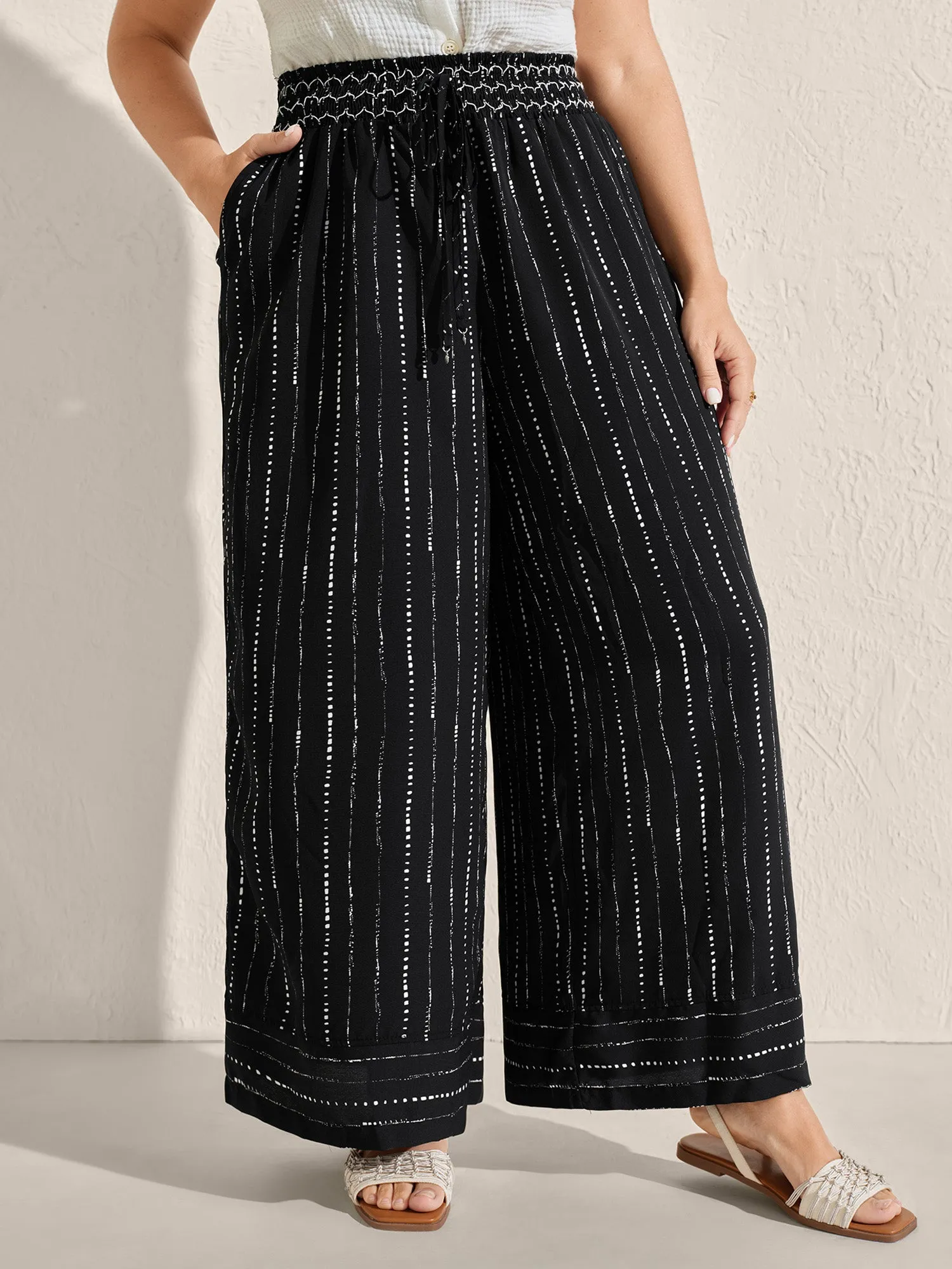 Striped Print Shirred Waist Wide-Leg Pants sold by Bloomchic