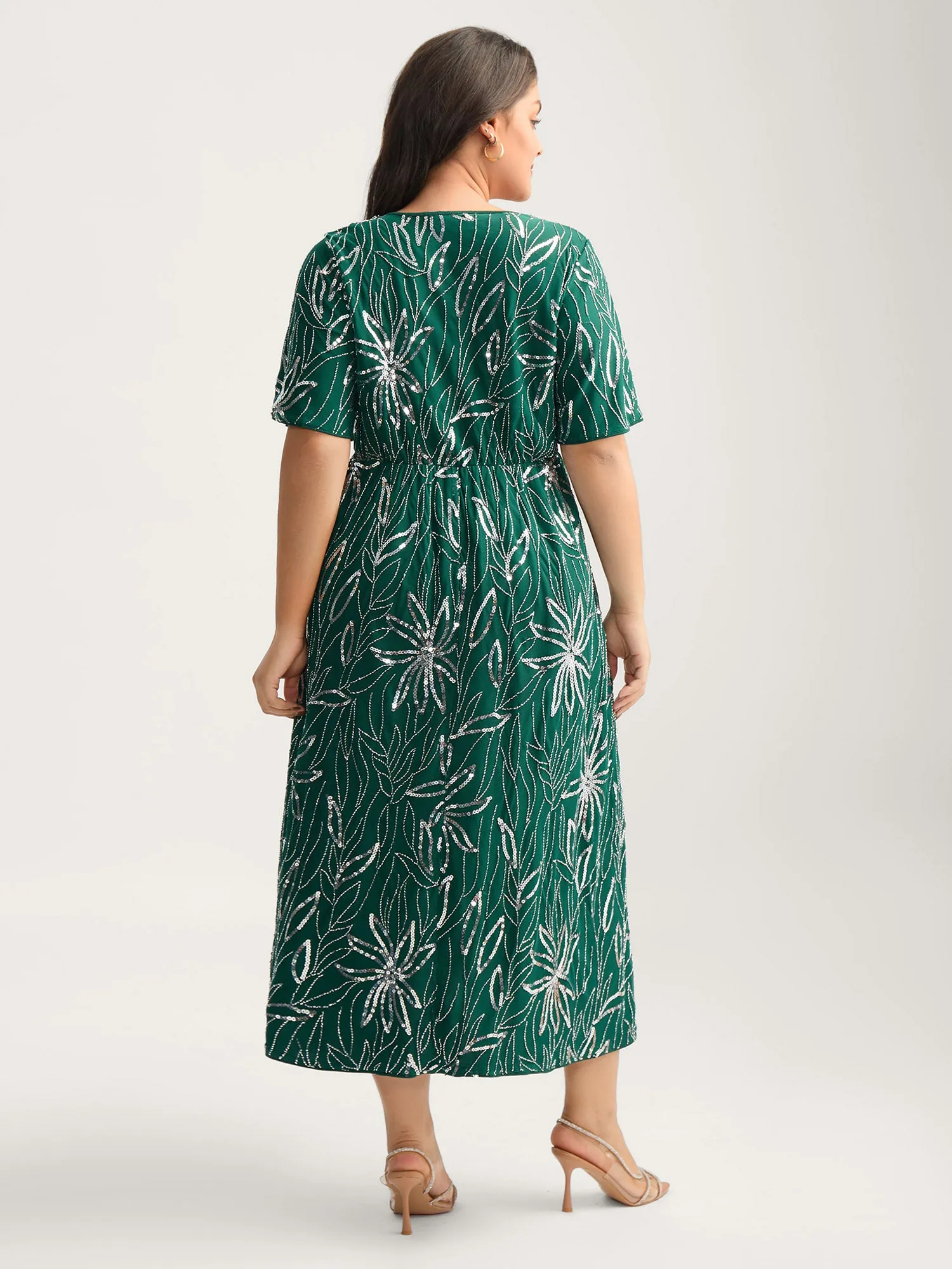 Sequin Embroidered Surplice Neck Pockets Midi Dress sold by Bloomchic product image thumbnail 4