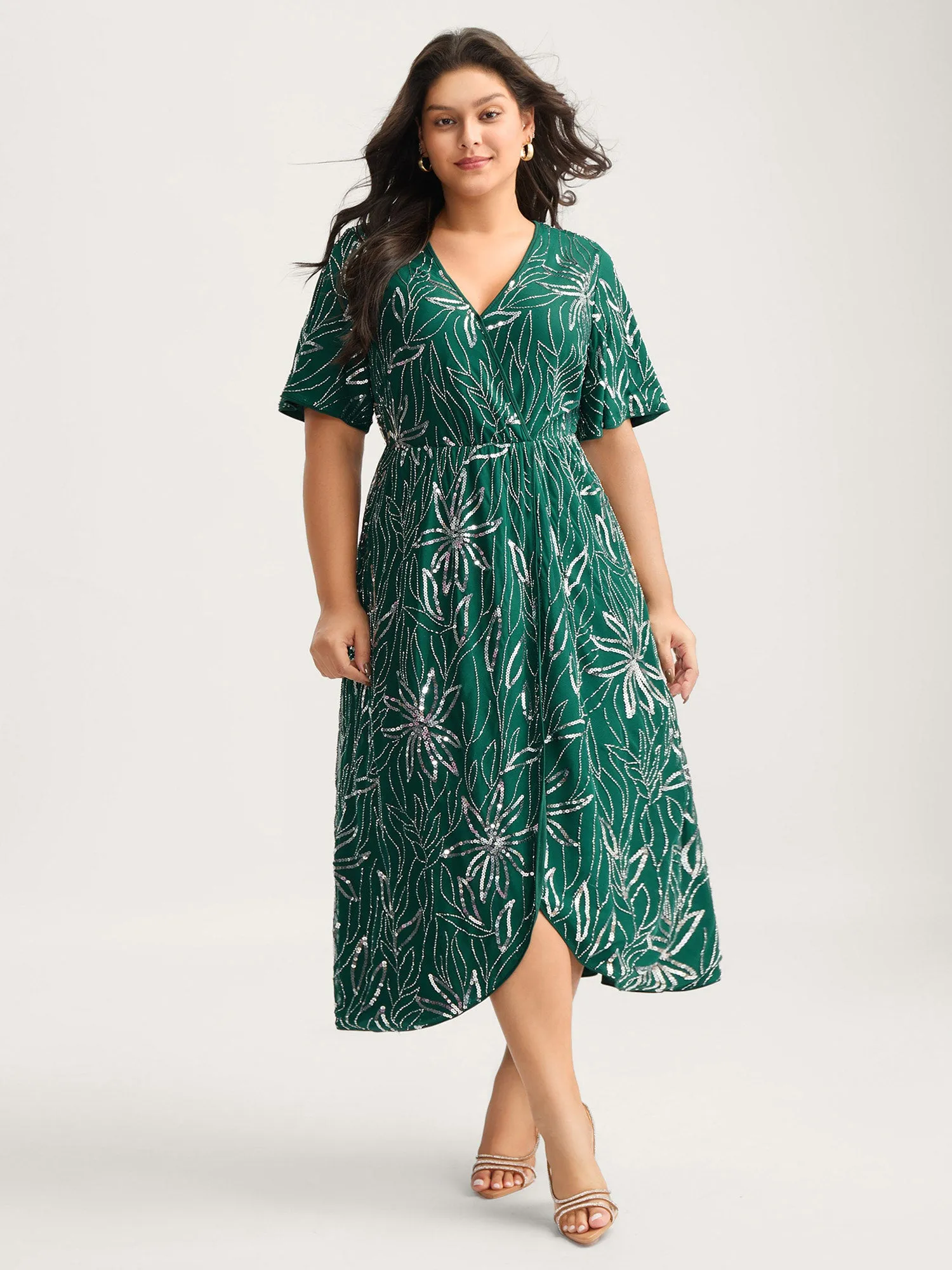 Sequin Embroidered Surplice Neck Pockets Midi Dress sold by Bloomchic product image thumbnail 3