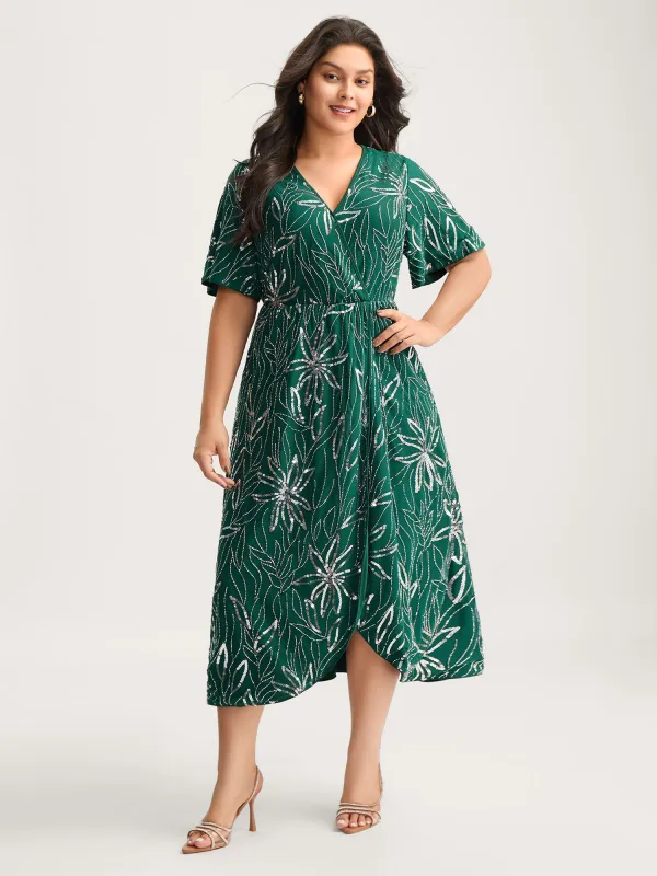 Sequin Embroidered Surplice Neck Pockets Midi Dress sold by Bloomchic