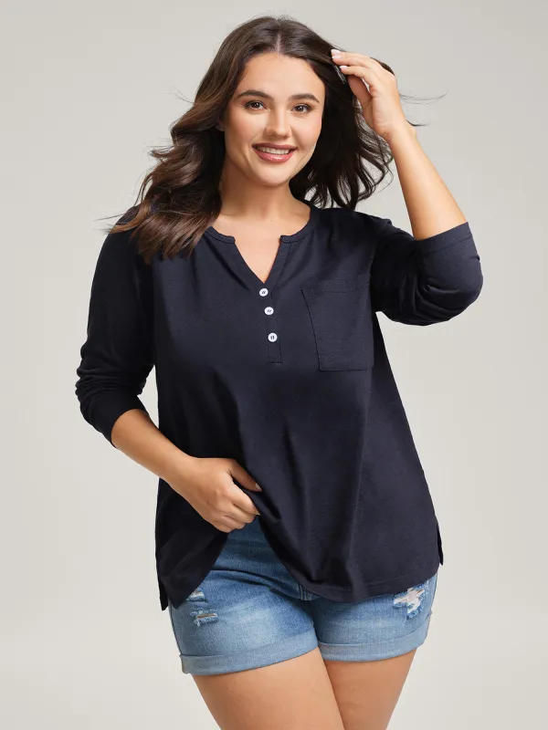 Stretchy Split Button Neckline Basic T-Shirt sold by Bloomchic