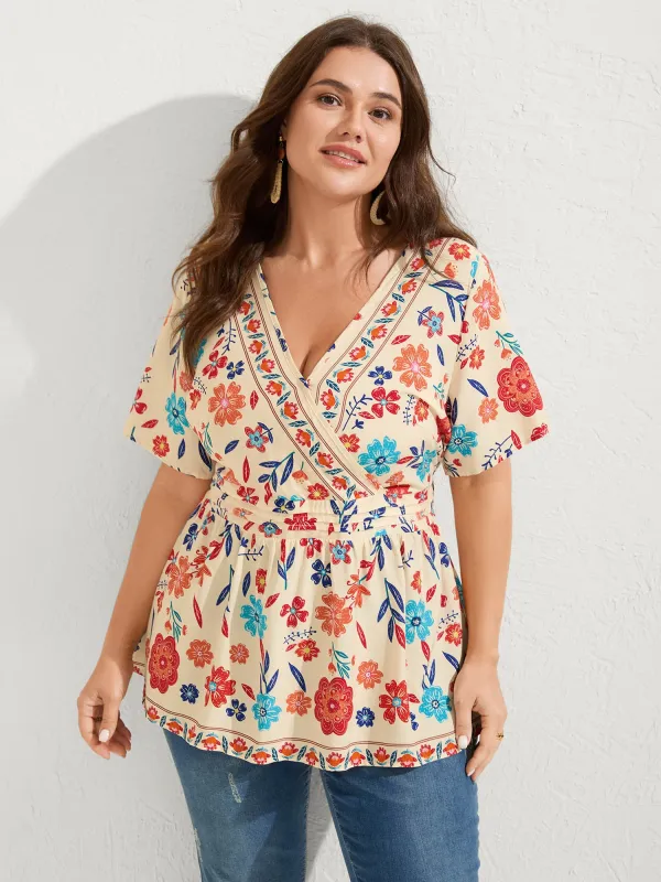 Floral Print Pleated Waist Surplice Blouse sold by Bloomchic