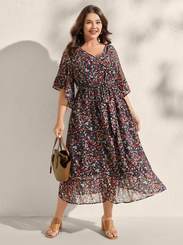 Floral Print Pockets Flared Sleeve Midi Dress sold by Bloomchic