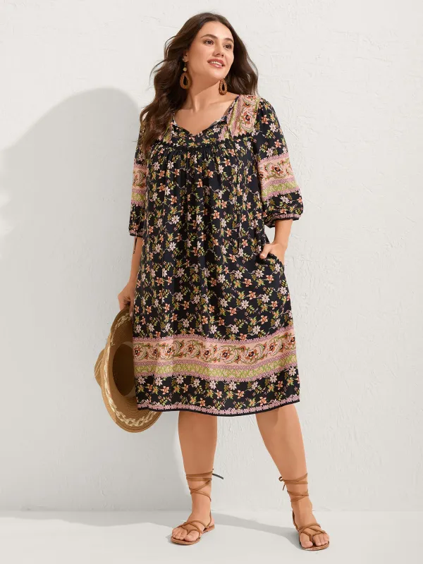 Floral Print Puffy Sleeve Pleated Midi Dress sold by Bloomchic