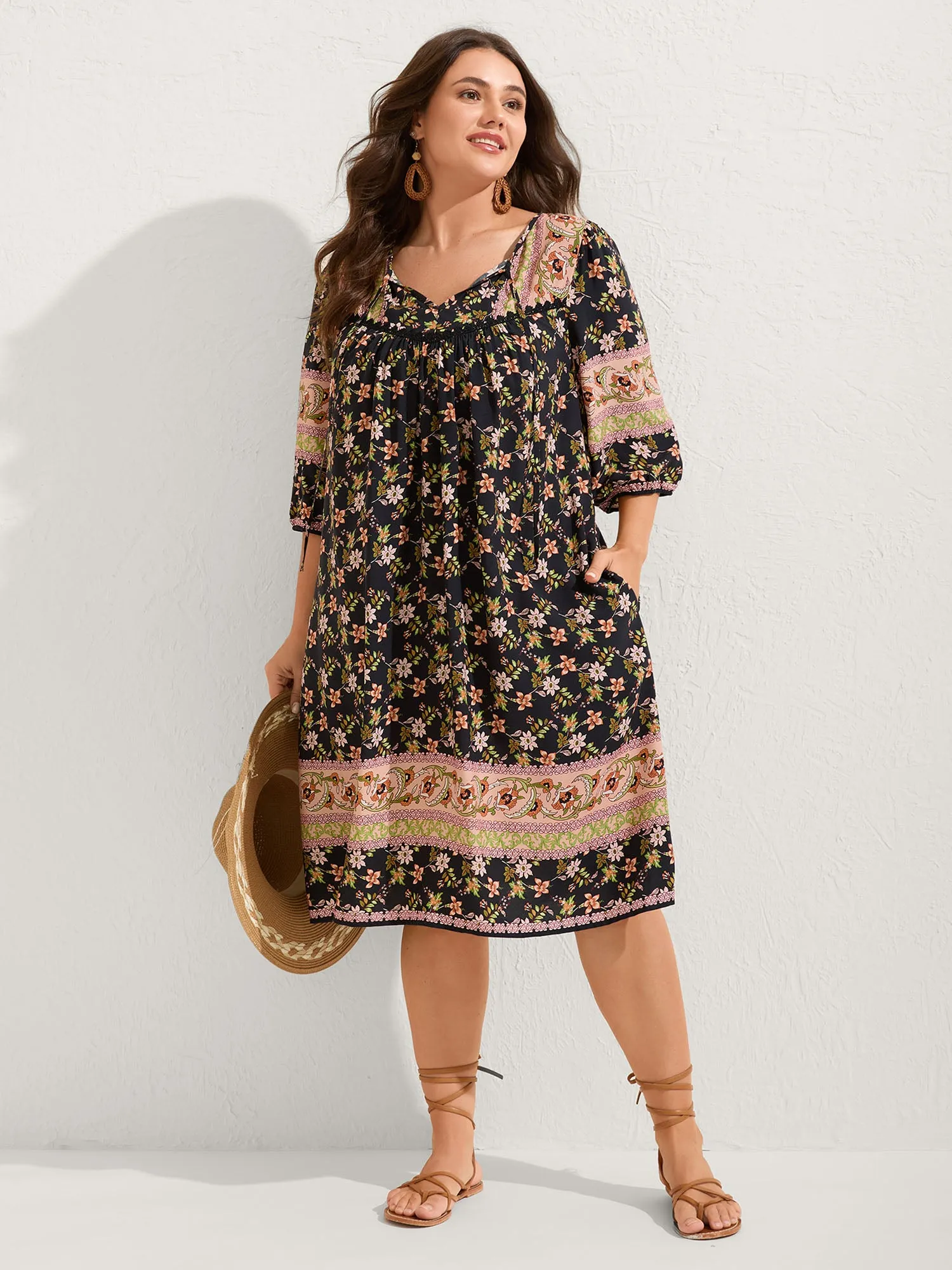 Floral Print Puffy Sleeve Pleated Midi Dress sold by Bloomchic