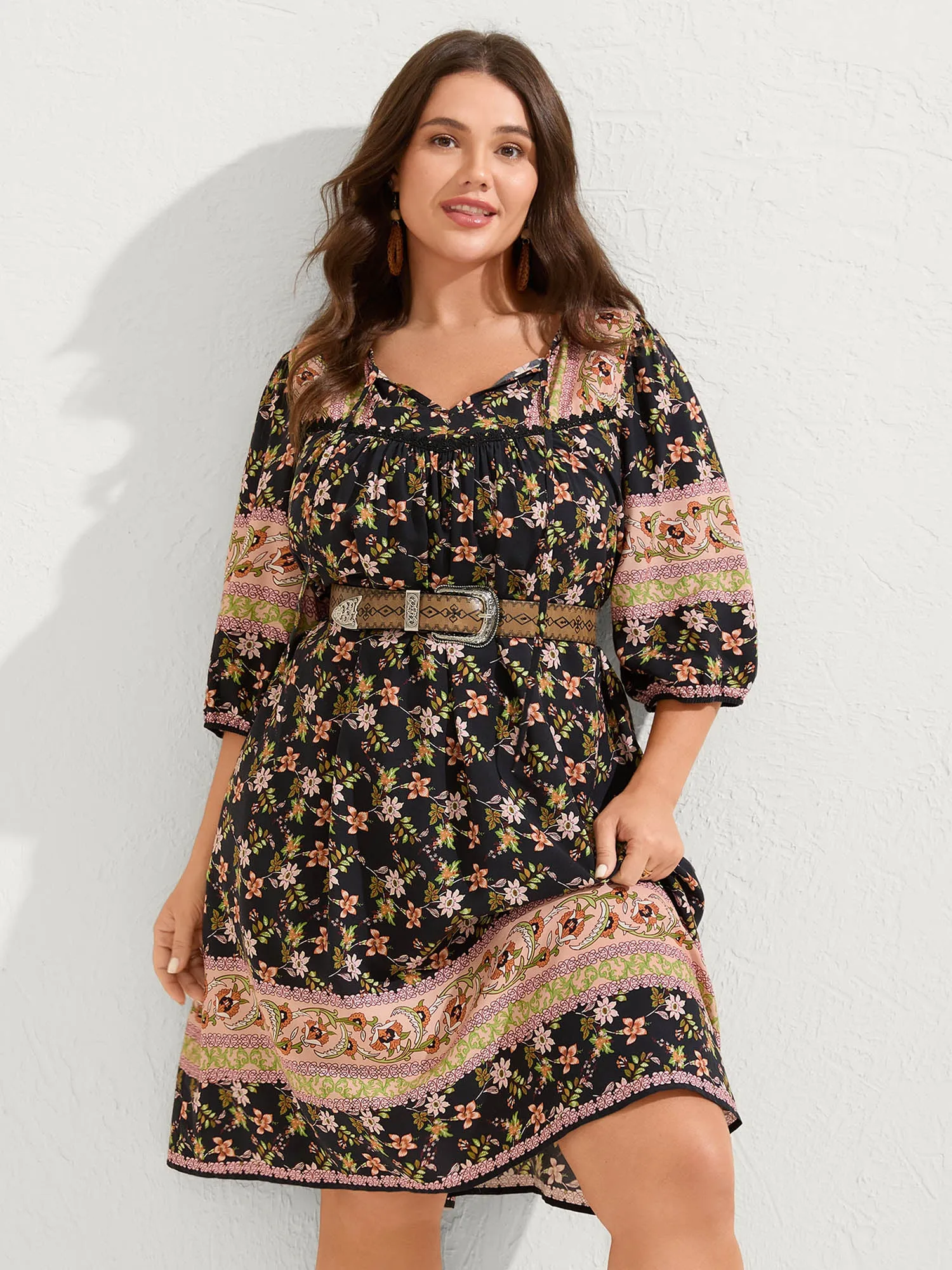 Floral Print Puffy Sleeve Pleated Midi Dress sold by Bloomchic product image thumbnail 2