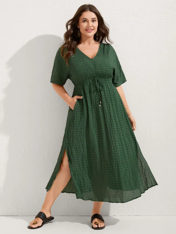 Textured Split Hem Waist-Tie Maxi Dress sold by Bloomchic