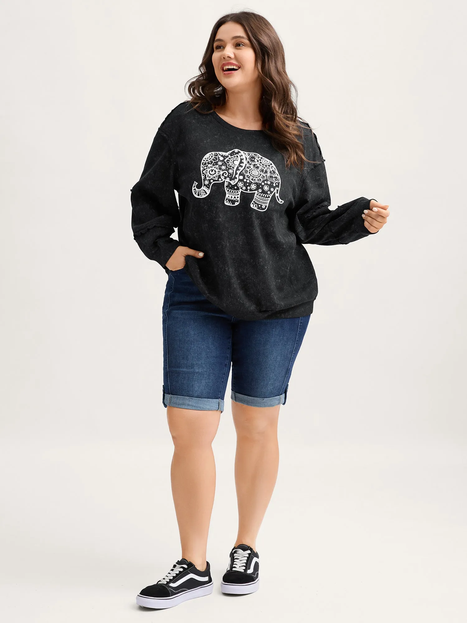 Vintage Elephant Motif Waffle Woven Sweatshirt sold by Bloomchic product image thumbnail 3