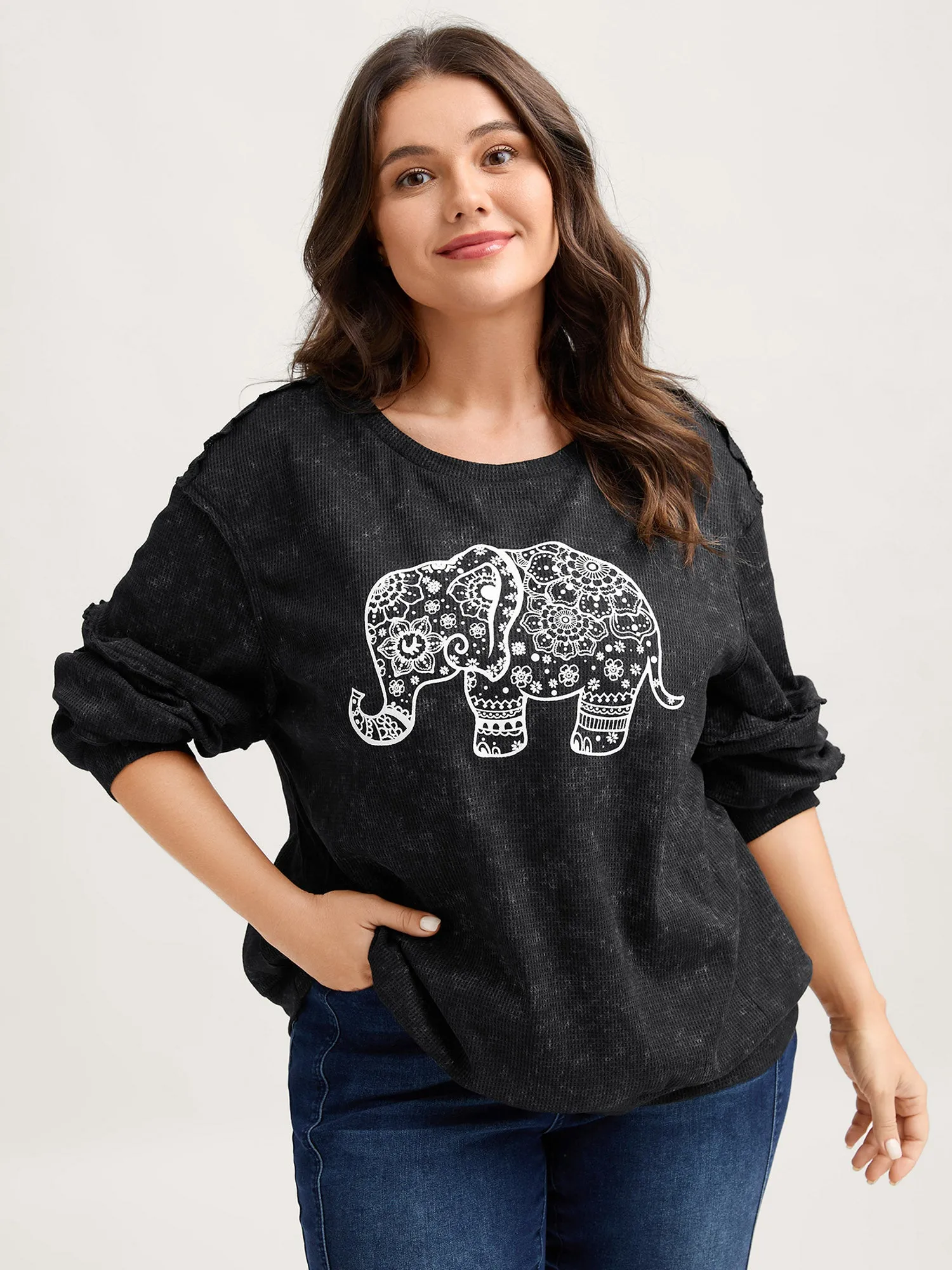 Vintage Elephant Motif Waffle Woven Sweatshirt sold by Bloomchic