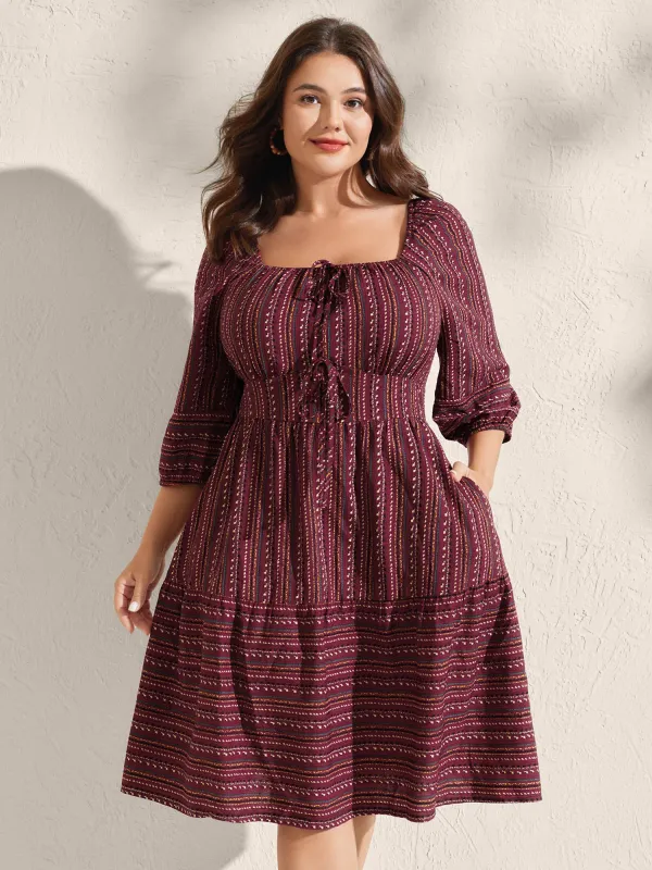 Fall Stripes Cinched-Waist Tie Midi Dress sold by Bloomchic