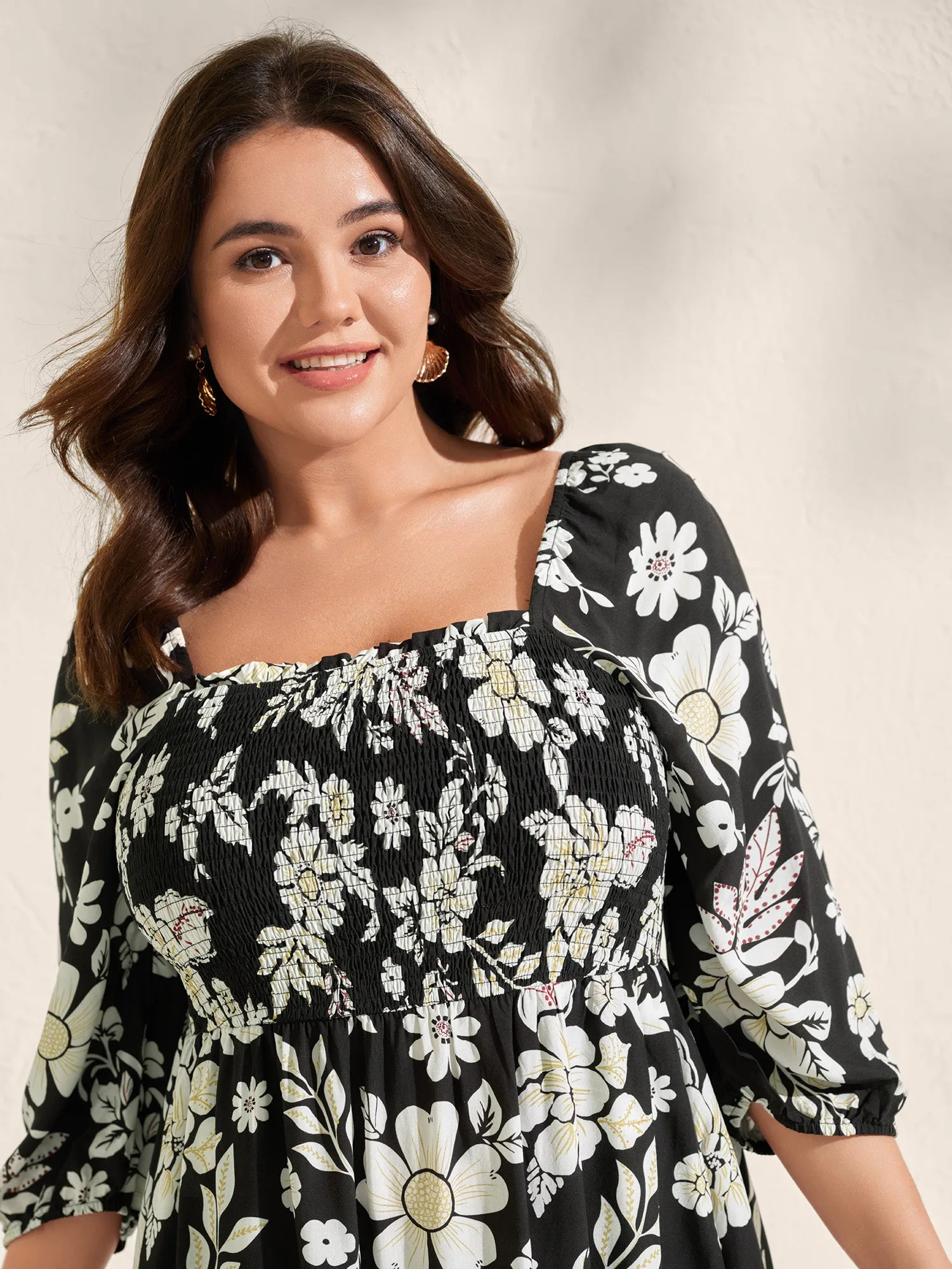 Floral Print Slit Shirred Bodice Midi Dress sold by Bloomchic product image thumbnail 2