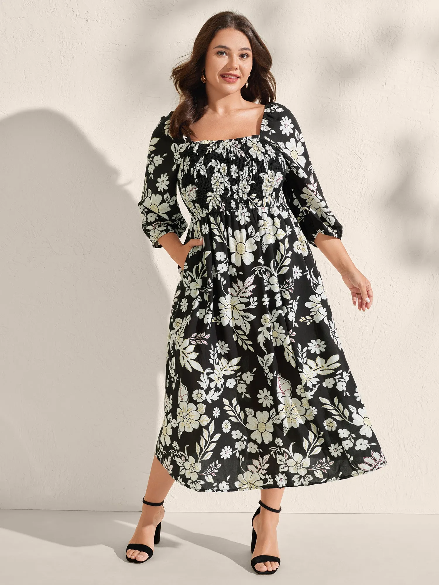 Floral Print Slit Shirred Bodice Midi Dress sold by Bloomchic