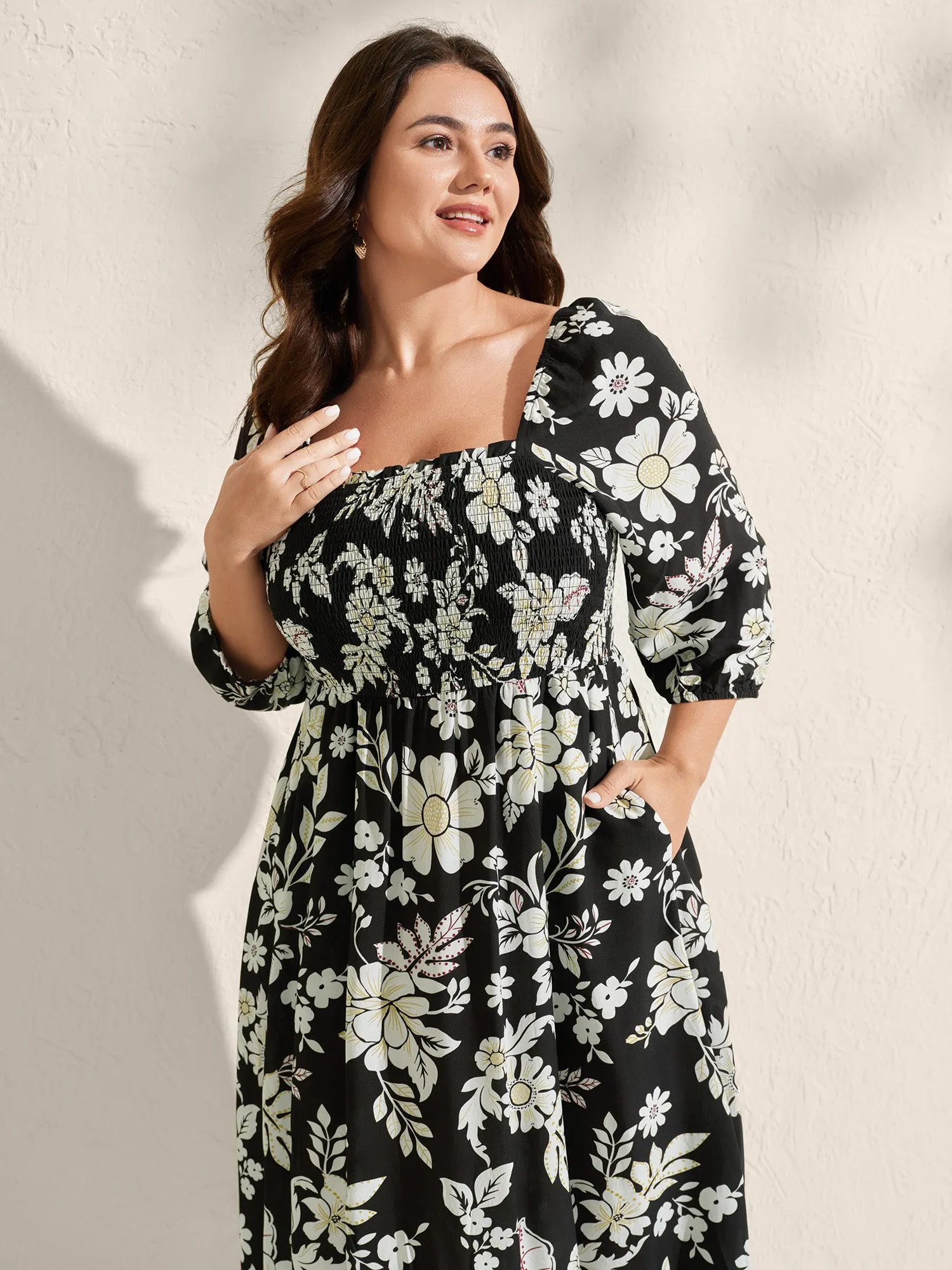 Floral Print Slit Shirred Bodice Midi Dress sold by Bloomchic product image thumbnail 3