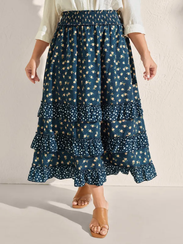 Floral Print Tiered Shirred Waist Midi Skirt sold by Bloomchic