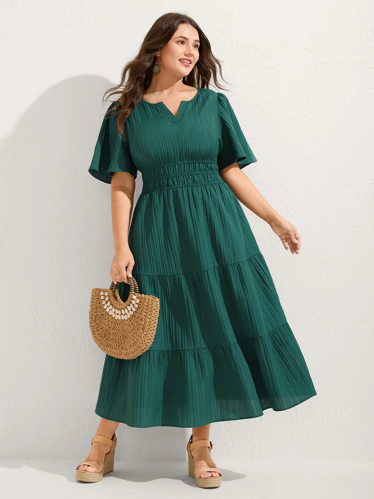 Textured Shirred Cinched Waist Midi Dress sold by Bloomchic